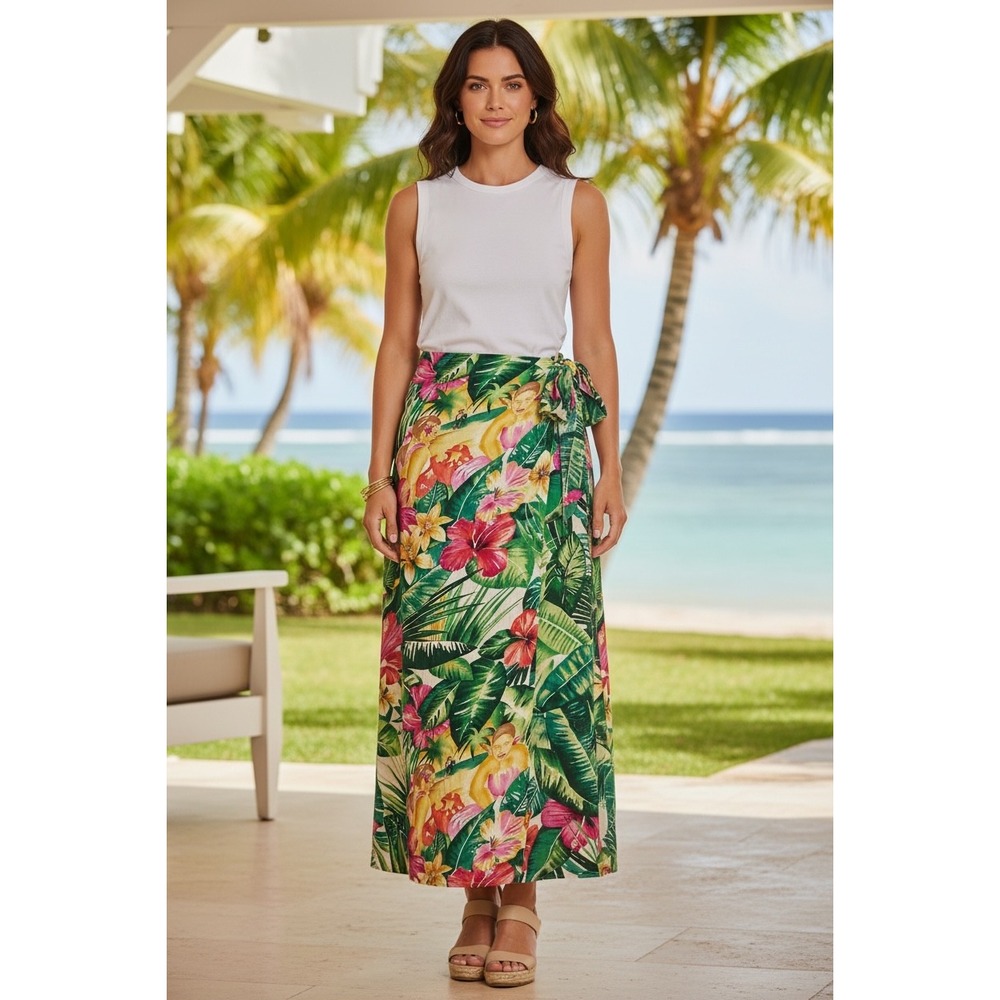 Vintage Jams World Wrap Maxi Skirt Small Green Tropical Floral Hawaiian Resort